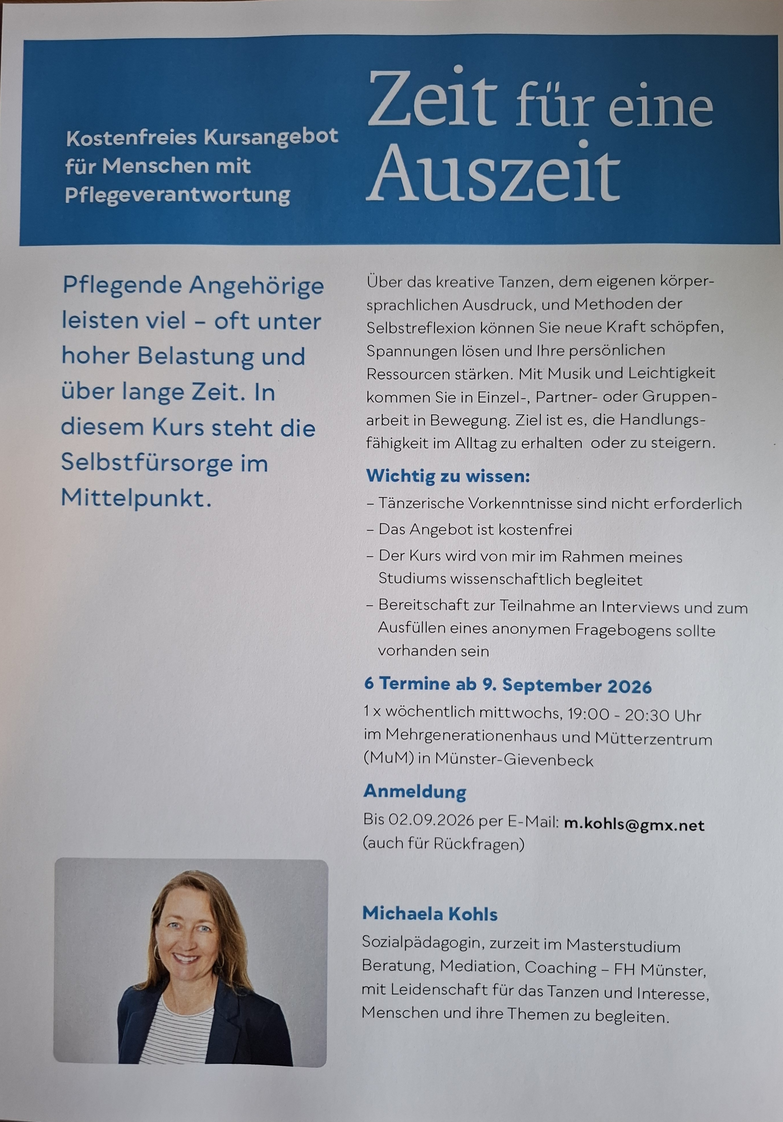 Flyer zum kostenfreies Kursangebot für Menschen mit Pflegeverantwortung