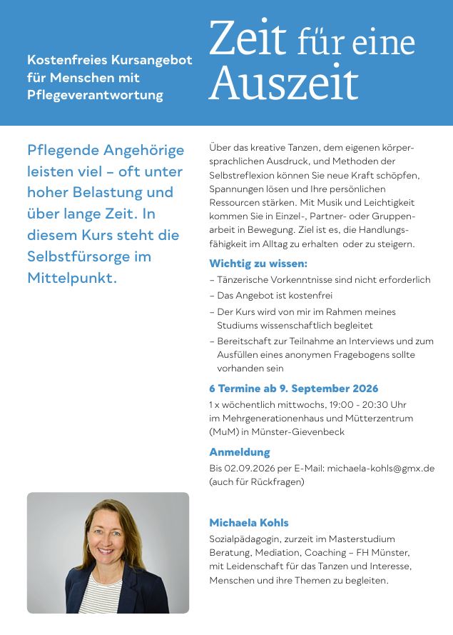 Flyer zum kostenfreies Kursangebot für Menschen mit   Pflegeverantwortung