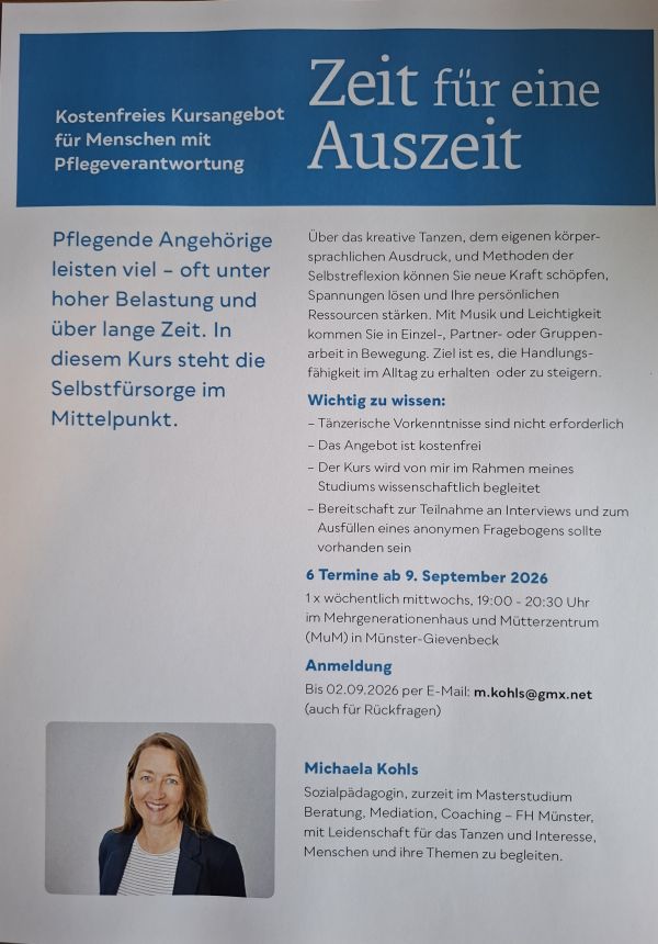 Flyer zum kostenfreies Kursangebot für Menschen mit Pflegeverantwortung